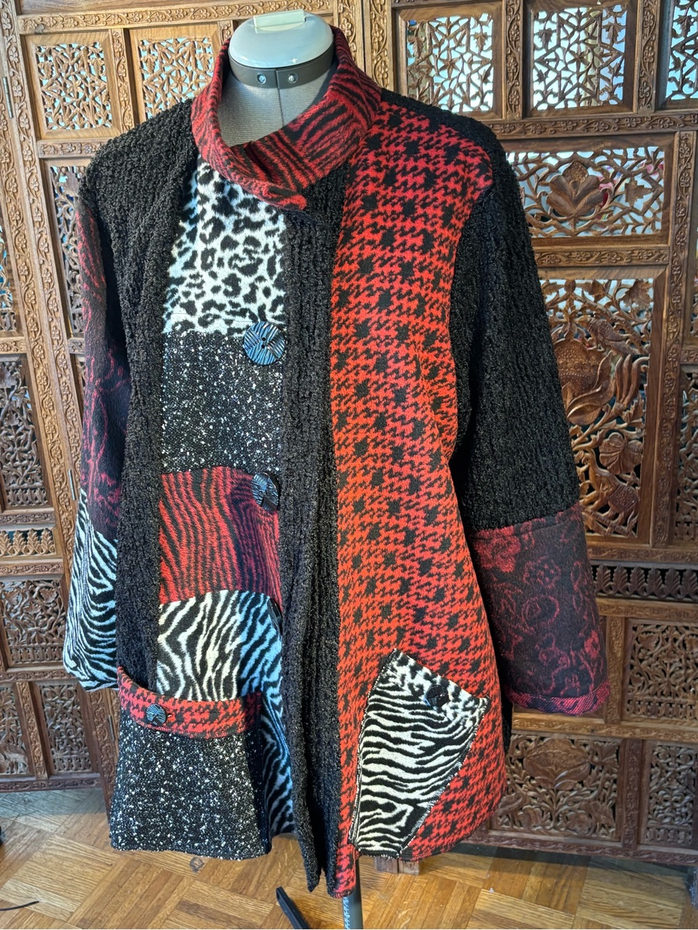 Ali Miles Red & Black Patchwork Teddy Jacket